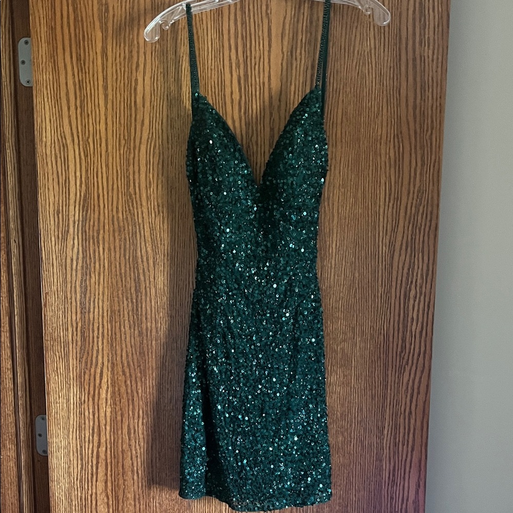 Emerald Green Sequin Spaghetti-Strap Designer Mini Dress